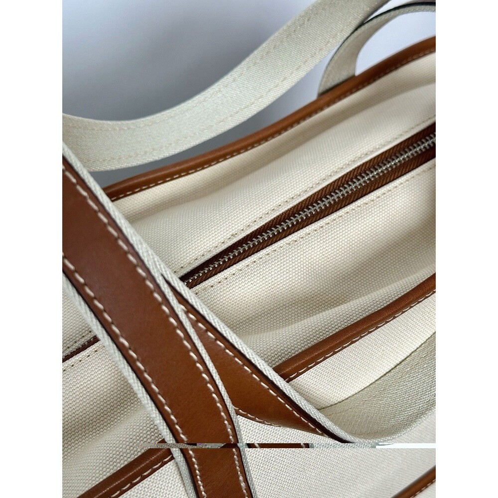 NWT Polo Ralph Lauren Women's Leather-Trim Canvas Medium Shopper Tote Ecru/Cuoio - Picture 5 of 6